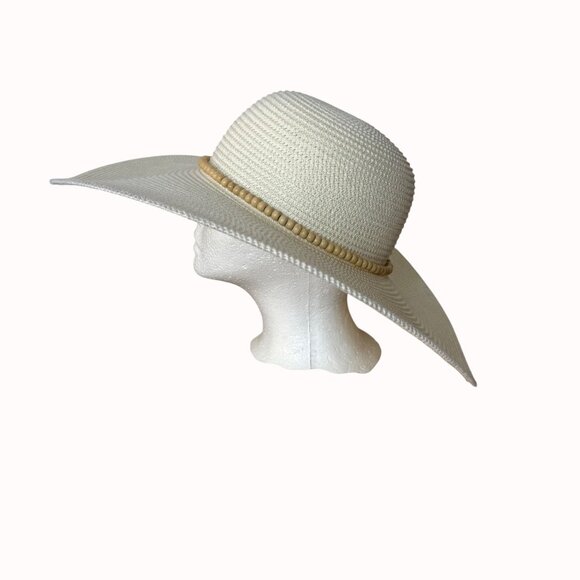 New Day Wide Brim Straw Sun Hat Wooden Bead Band Size M Resort Chic Beach Cruise - Picture 6 of 16